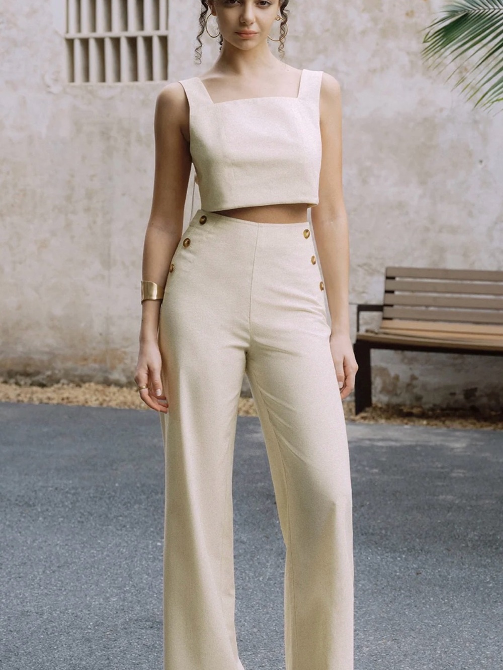 NWT Commense Cotton & Linen Button Decor Tank Top With Straight Leg Pants Set XL